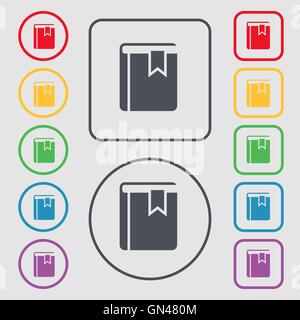 Icône de signet livre signe. symbole sur le boutons ronds et carrés avec le bâti. Vector Illustration de Vecteur