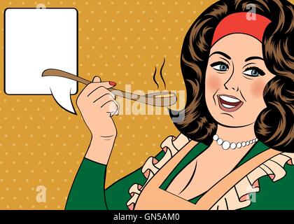 Pop art retro femme tablier avec sa nourriture dégustation Illustration de Vecteur