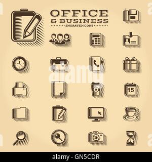 Office de tourisme et d'affaires gravé icons set Illustration de Vecteur