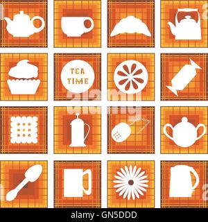 Ensemble de 16 icônes. L'heure du thé. Dans square Illustration de Vecteur