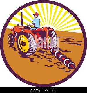 Agriculteur sur le tracteur Retro Circle Illustration de Vecteur