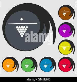 Jeu de billard billard icône d'équipement. Symboles sur huit boutons de couleur. Vector Illustration de Vecteur