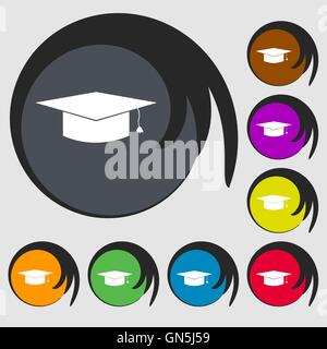 Graduation cap icône. Symboles sur huit boutons de couleur. Vector Illustration de Vecteur