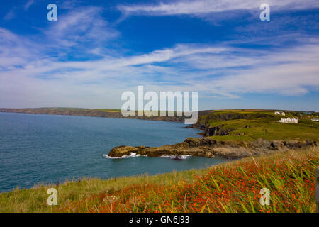 Une scène ensoleillée de l'océan Atlantique à Cornwall. Image tirée du chemin côtier du sud-ouest près de Port Isaac. Banque D'Images