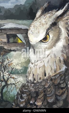 Owl Nature aquarelle Illustration vecteur dessiné à la main, Illustration de Vecteur