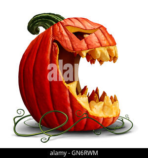 Citrouille Halloween effrayant et jack o lantern caractère dans une vue de côté avec une bouche ouverte sur un fond blanc comme un symbole pour l'automne et l'automne communication festive avec 3D illustration éléments. Banque D'Images