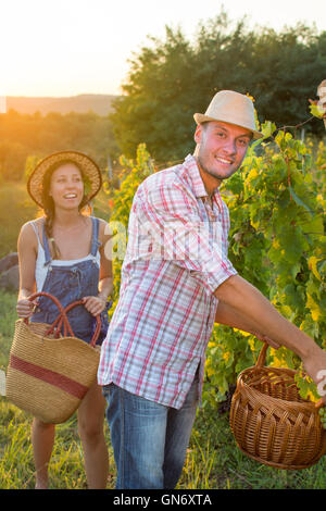 Couple dans vendanges au vignoble tenant un panier Banque D'Images