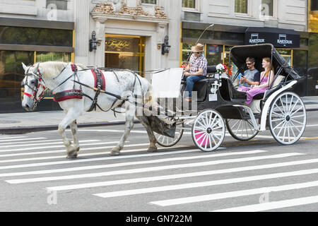 Un couple prend une promenade en calèche dans la ville de New York. Banque D'Images
