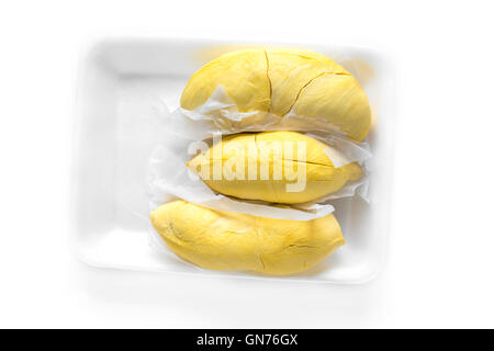 Durian fruit en plateau sur fond blanc Banque D'Images