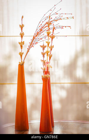 Orange long contenant des vases de fleurs sèches Banque D'Images