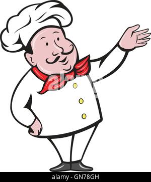 Illustration d'un chef cuisinier français baker avec moustache wearing hat et bandana sur cou debout avec bras en message d'accueil Vue de l'avant ensemble isolées sur fond blanc fait dans un style de dessin animé. Illustration de Vecteur