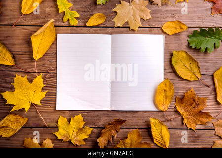 La composition des feuilles d'automne, ordinateur portable. Retour en bois, Studio shot Banque D'Images