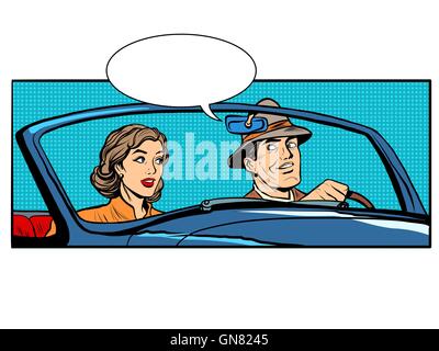 Couple homme et femme dans la voiture décapotable Illustration de Vecteur