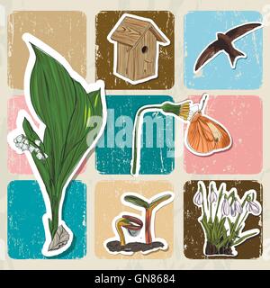 Poster avec éléments élastiques des fleurs, des oiseaux. Illustration de Vecteur