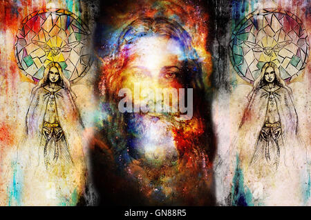Jésus et bel ange étant avec colombe et sprig, concept spirituel. Jésus tête dans l'espace cosmique. Banque D'Images