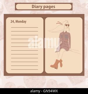 Note de journal ou de pages avec illustration de mode jeune femme en style Boho . Illustration de Vecteur