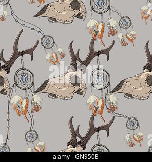 Modèle sans couture avec crâne de cerf et Dreamcatcher. Vue de profil. Illustration de Vecteur
