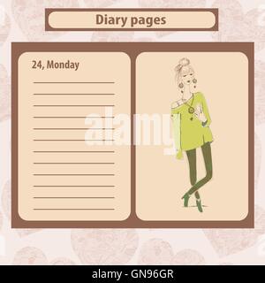 Note de journal ou de pages avec illustration de mode jeune femme en style Boho . Illustration de Vecteur