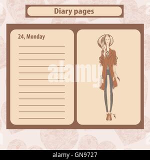 Note de journal ou de pages avec illustration de mode jeune femme en style Boho . Illustration de Vecteur