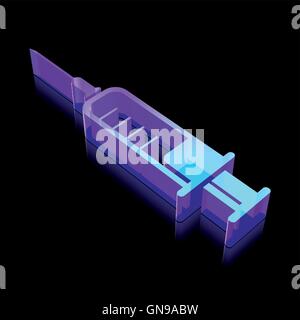 L'icône de la médecine : 3d lumineux néon seringue en verre, vector illustration. Illustration de Vecteur
