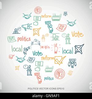 Multicolor doodles Hand Drawn Politics Icons set sur blanc. EPS10 vector illustration. Illustration de Vecteur