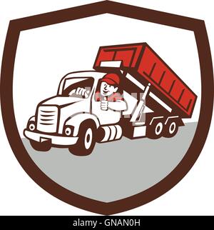 Conducteur de camion Roll-Off Bin Thumbs Up Shield Cartoon Illustration de Vecteur