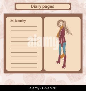 Note de journal ou de pages avec illustration de mode jeune femme en style Boho . Illustration de Vecteur