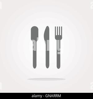 Fourchette et couteau. Icône de signe de manger. Les règles d'étiquette de coutellerie symbole. Cercle et boutons carrés. Modèle plat. Illustration de Vecteur