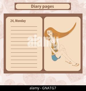 Note de journal ou de pages avec illustration de mode jeune femme en style Boho . Illustration de Vecteur