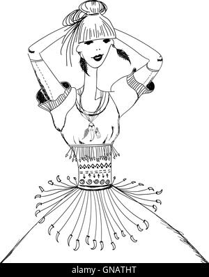 Fille en robe tribal croquis. Boho gypsy et style. Motif linéaire sur un fond blanc. Pour les t-shirts, impression, cas de téléphone poste Illustration de Vecteur