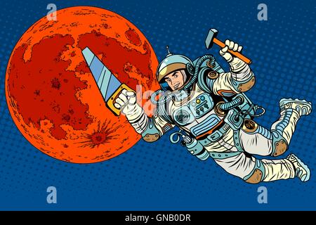Astronaute de outils pour la création d'une colonie sur Mars Illustration de Vecteur