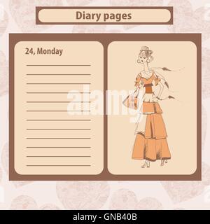 Note de journal ou de pages avec illustration de mode jeune femme en style Boho Illustration de Vecteur