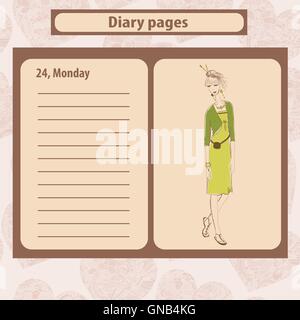 Note de journal ou de pages avec illustration de mode jeune femme en style Boho . Illustration de Vecteur