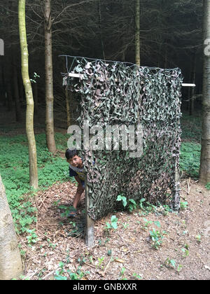 Un petit garçon se cache derrière un filet de camouflage dans une forêt Banque D'Images