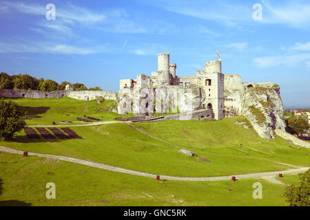 Vue panoramique des ruines du château d'Ogrodzieniec village. Pologne (Highlands) Jurrasic Banque D'Images