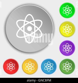 Atome, icône de physique signe. Symbole sur huit boutons plats. Vector Illustration de Vecteur