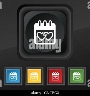 Calendrier, coeur, Saint Valentin, le 14 février, l'icône de l'amour symbole. Ensemble de cinq boutons coloré et élégant pour votre texture noire Illustration de Vecteur