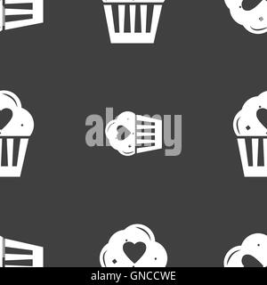 Lovely Cute Cupcake avec icône de Cœur signe. Motif transparente sur un fond gris. Vector Illustration de Vecteur