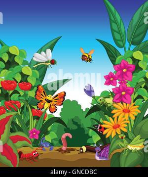 Collection d'insectes dans le jardin de fleurs Illustration de Vecteur