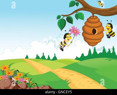 Les abeilles cartoon holding flower et une ruche avec fond de forêt Illustration de Vecteur