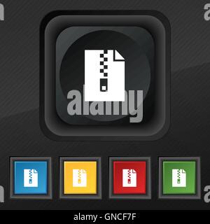 Dossier de l'ordinateur, l'icône de l'archive zip. Ensemble de cinq boutons coloré et élégant sur la texture noire pour votre conception. Vector Illustration de Vecteur