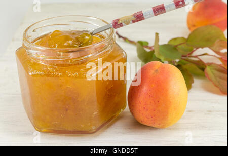 Abricot confiture de fruits frais avec des feuilles et des branches Banque D'Images