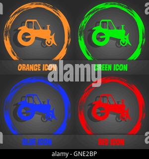 L'icône du tracteur. Style moderne à la mode. Dans l'orange, vert, bleu, rouge design. Vector Illustration de Vecteur