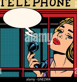 Jeune fille qui crie dans la cabine téléphonique rouge retro Illustration de Vecteur