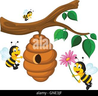 Les abeilles cartoon holding flower et une ruche Illustration de Vecteur