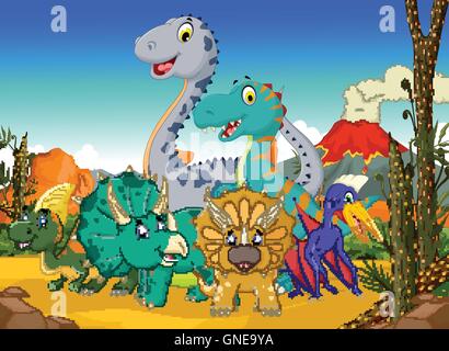 Dinosaure funny cartoon dans la jungle avec fond paysage volcan Illustration de Vecteur