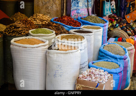 Les épices et les herbes en vente en boutique à l'intérieur de la vieille médina de Fès Banque D'Images