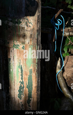 L'écaillage de la peinture sur le vieux bois, vieille porte, l'arrière-plan, mur, conseil, rugueux, brown, le grain, la décoration, la surface, sale, sol carrelé, scieries, plank Banque D'Images