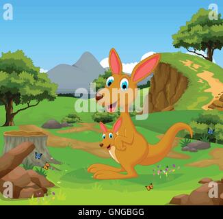 Funny cartoon kangourou dans la jungle avec l'arrière-plan du paysage Illustration de Vecteur