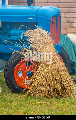 Gerbe de blé appuyé contre le tracteur à vapeur Great Dorset Fair, Tarrant Hinton, Dorset en Août Banque D'Images